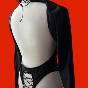 Savage X Fenty Black Lace-Up Back Bodysuit